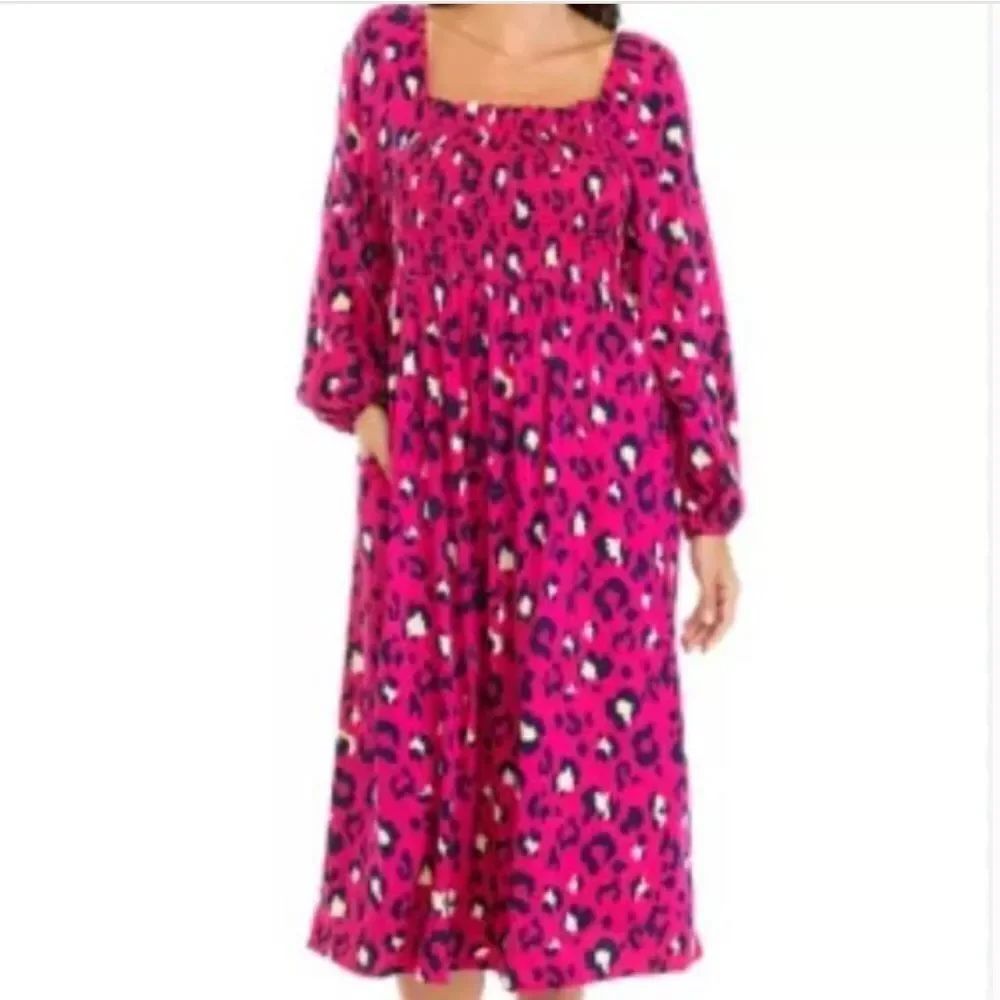 Crown & Ivy Leopard Print Smocked Front Maxi Dress Pink Navy Large NEW